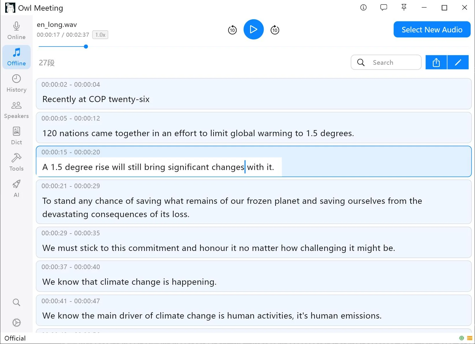 Timestamped transcript segments open for editing in Owl Meeting